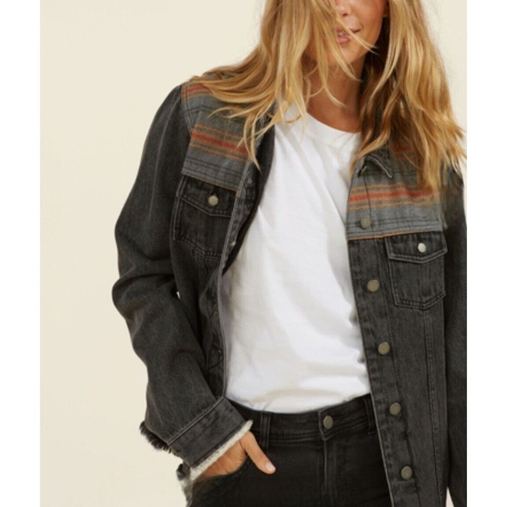 ROXY Something New Black Jean Denim Patterned Jacket Distressed Charcoal Jacket